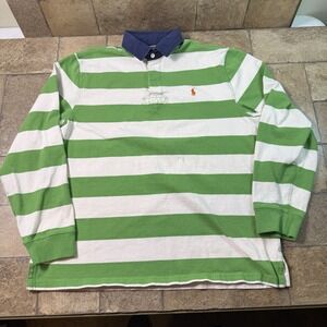Polo Ralph Lauren Rugby Shirt Men XL Green White Striped Long Sleeve Custom Fit
